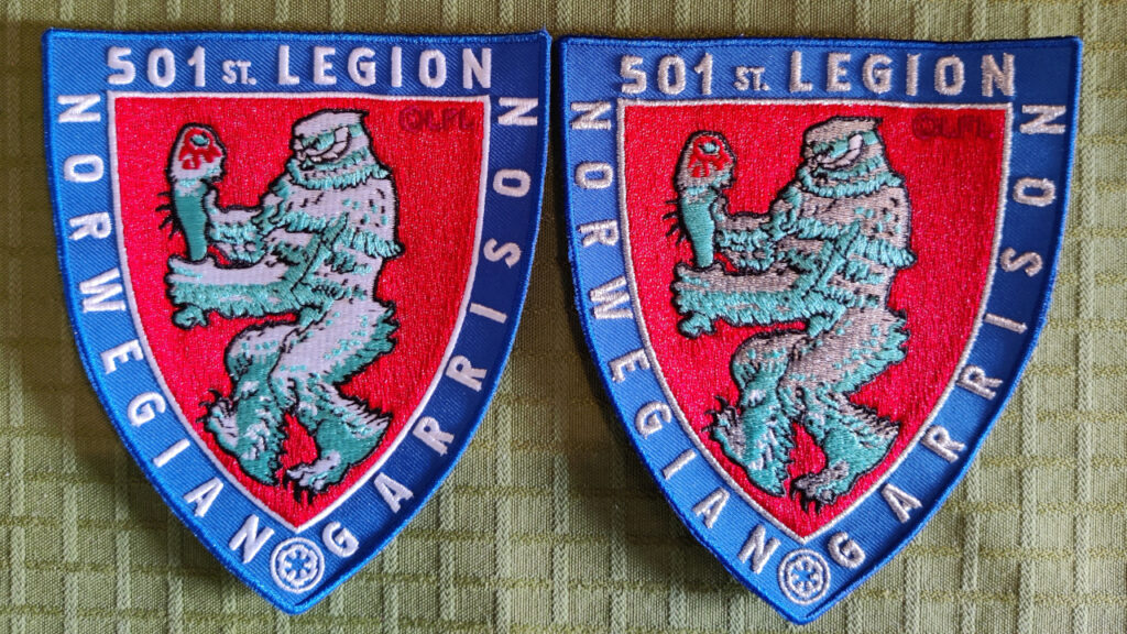The regular patch and the silver threaded patch side by side.