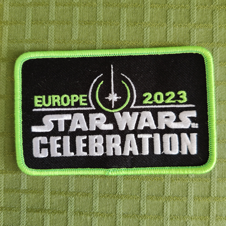 A rectangular embroidered patch with the Star Wars Celebration Europe 2023 logo.
