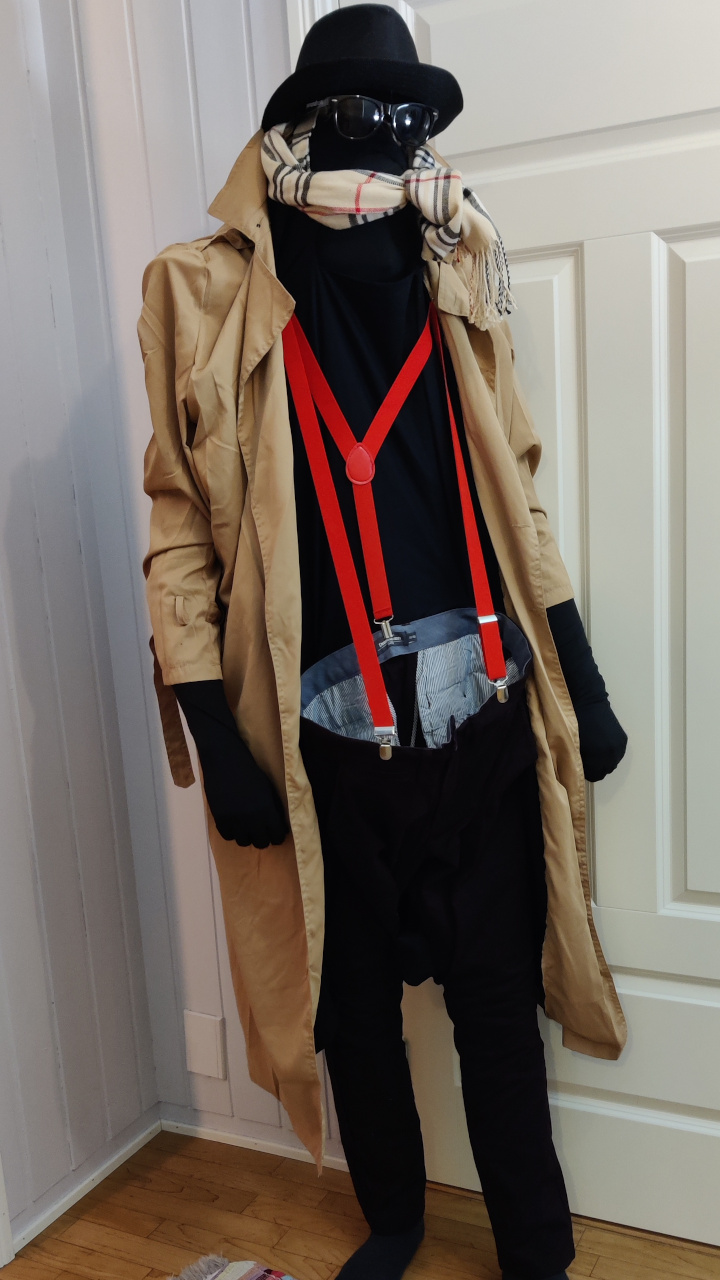 I am dressed as an invisible man. The costume is a beige trench coat with black lining, a pair of maroon pants with suspenders, a hat, a scarf and a pair of sunglasses. The hat, glasses and scarf seems to be floating in thin air. The pants looks empty, but keeps the shape as though there's a body there.