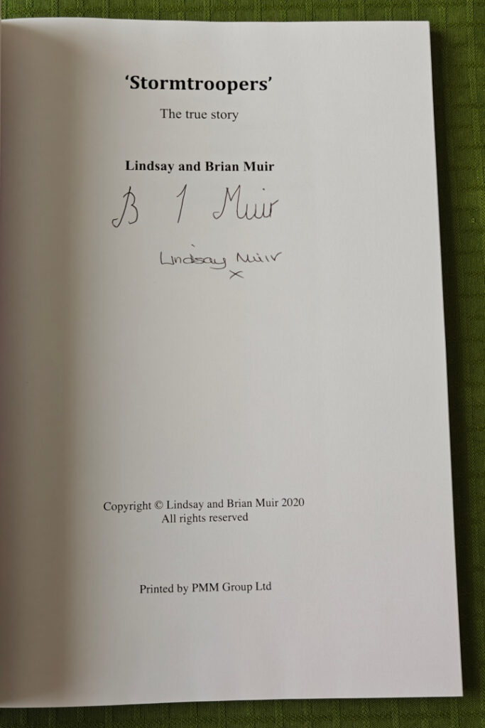 Inside the book, signed by Brian Muir and Lindsay Muir.