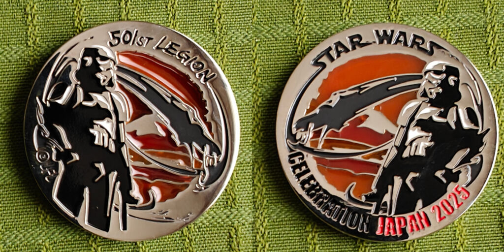 The coin seen from both sides. The front and back are mirror images of each others. The design is a Stormtrooper at sunset in front of Mt. Fuji. The text on the front says "Star Wars Celebration Japan 2025", and the text on the back says "501st Legion".