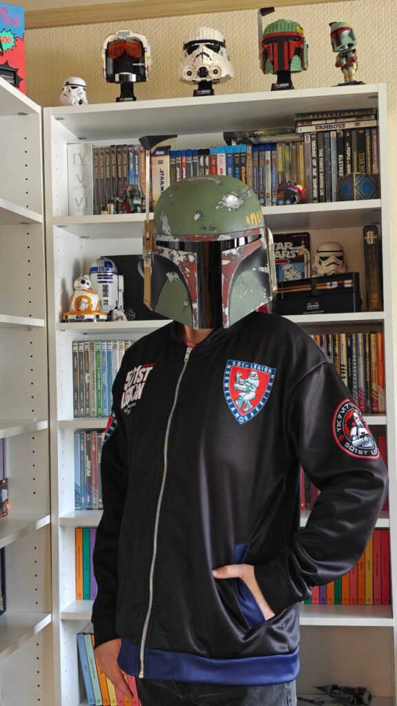 I'm posing with the jacket in my Boba helmet.